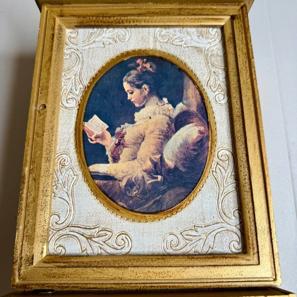 Vintage Toyo Japan Musical Jewelry Box Armoire Gold Wood Portrait 4 Drawer 12.5